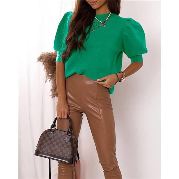 Women's Trendy Crew Neck Puff Short Sleeve Sweater Tops for Spring and Summer - Picture 5 of 6